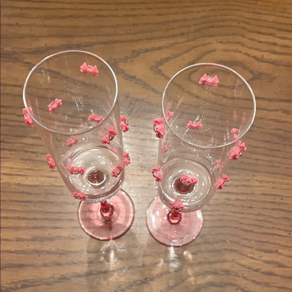 Pink Champagne Bow Flutes with Heart Gems, set of‎ 2